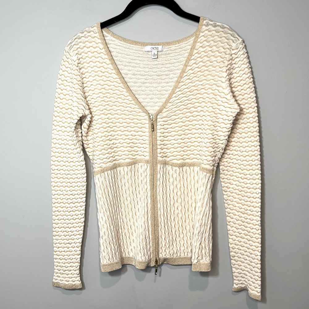 Cache Silk Blend Ivory & Gold Textured Zip Cardigan